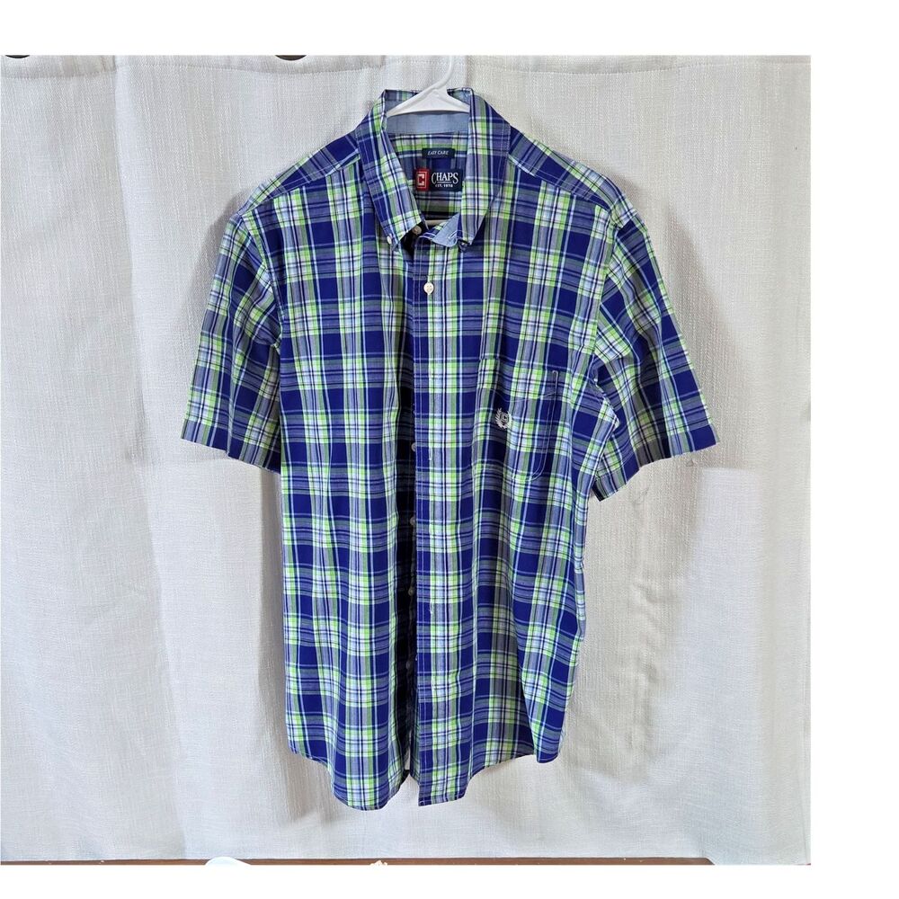 Chaps Men's Plaid Button-Down Shirt Cotton Blend Blue Green White SS L